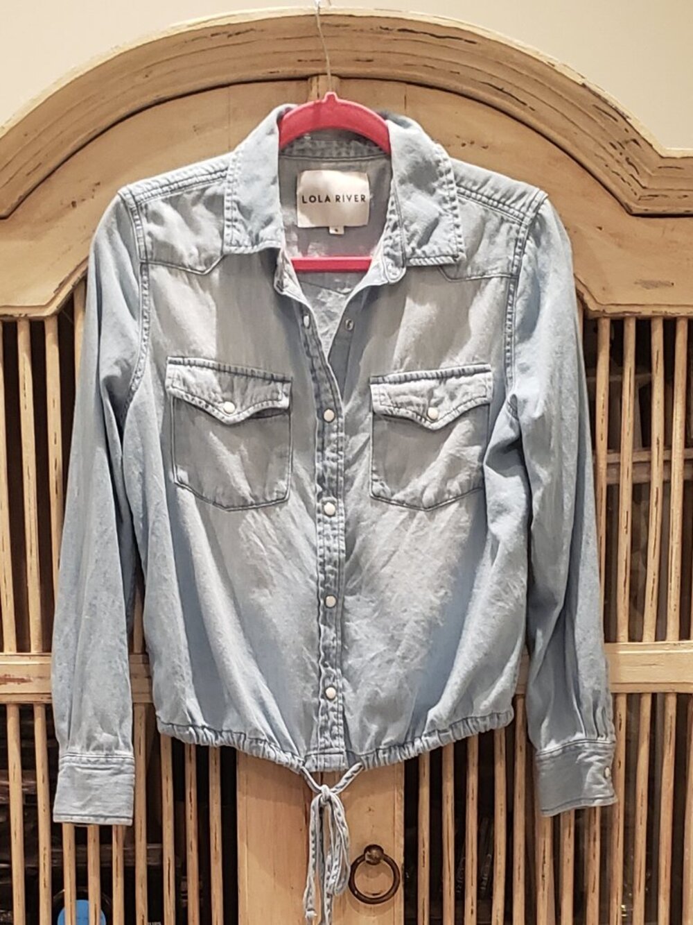 Lola River Western long-sleeve white wash blue denim shirt  drawstring tie-front